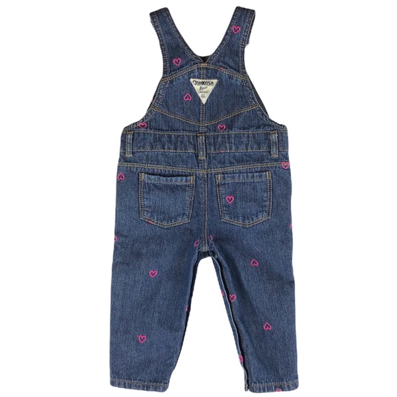 OSHKOSH Baby Denim Vestback Overalls Embroidered Hot Pink Hearts (9 Months) - Picture 2 of 6